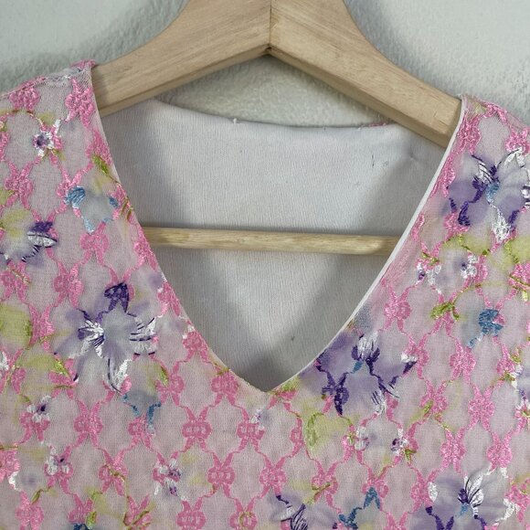 Y2K Womens XS Floral Mesh Short Sleeve V Neck Top Stretch Shirt Fairy Romantic - Picture 6 of 9